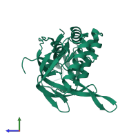 PDB entry 3ufc coloured by chain, side view.