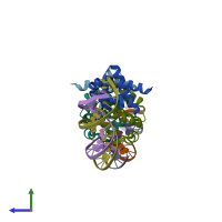 PDB entry 3ufd coloured by chain, side view.