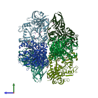 PDB entry 3ug3 coloured by chain, side view.