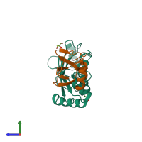 PDB entry 3ugb coloured by chain, side view.