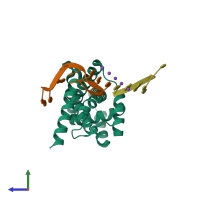 PDB entry 3ugp coloured by chain, side view.