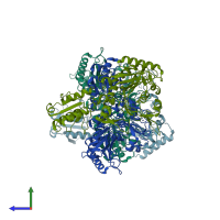 PDB entry 3ugt coloured by chain, side view.