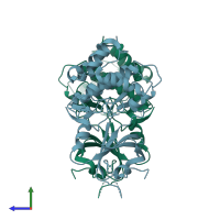 PDB entry 3uiu coloured by chain, side view.