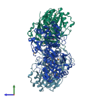 PDB entry 3uk7 coloured by chain, side view.