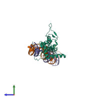 PDB entry 3ukg coloured by chain, side view.