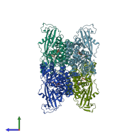 PDB entry 3ukk coloured by chain, side view.