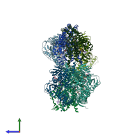 PDB entry 3ukl coloured by chain, side view.