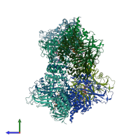 PDB entry 3ukp coloured by chain, side view.