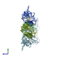 PDB entry 3ukq coloured by chain, side view.
