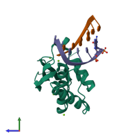 PDB entry 3uld coloured by chain, side view.