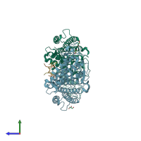 PDB entry 3um2 coloured by chain, side view.