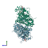 PDB entry 3um6 coloured by chain, side view.