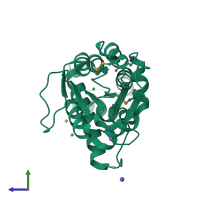 PDB entry 3umb coloured by chain, side view.