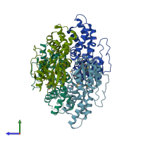 PDB entry 3umc coloured by chain, side view.