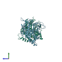 PDB entry 3umj coloured by chain, side view.