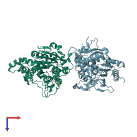 PDB entry 3umj coloured by chain, top view.