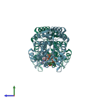 PDB entry 3ump coloured by chain, side view.