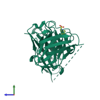 PDB entry 3umt coloured by chain, side view.