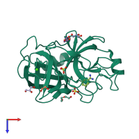 PDB entry 3unq coloured by chain, top view.