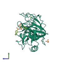 PDB entry 3uns coloured by chain, side view.