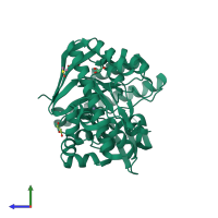 PDB entry 3unt coloured by chain, side view.