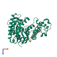 PDB entry 3unt coloured by chain, top view.