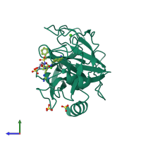 PDB entry 3uop coloured by chain, side view.