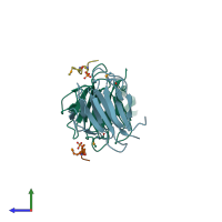 PDB entry 3uot coloured by chain, side view.
