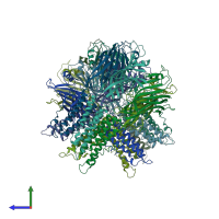 PDB entry 3uq7 coloured by chain, side view.