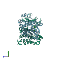 PDB entry 3uqg coloured by chain, side view.