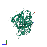 PDB entry 3uqu coloured by chain, side view.