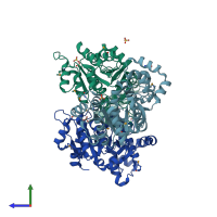PDB entry 3uqz coloured by chain, side view.