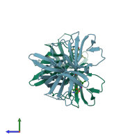 PDB entry 3ur9 coloured by chain, side view.