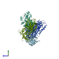 PDB entry 3ut3 coloured by chain, side view.