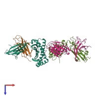 Hetero pentameric assembly 2 of PDB entry 3uts coloured by chemically distinct molecules, top view.