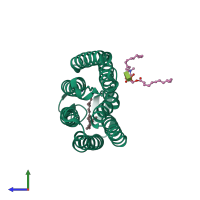 PDB entry 3utw coloured by chain, side view.