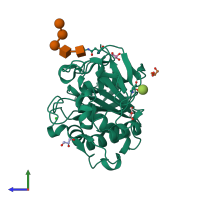 PDB entry 3uue coloured by chain, side view.