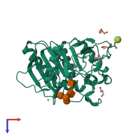 PDB entry 3uue coloured by chain, top view.