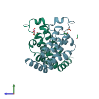 PDB entry 3uv4 coloured by chain, side view.