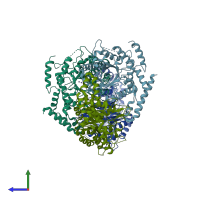 PDB entry 3uva coloured by chain, side view.