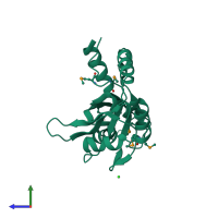 PDB entry 3uwt coloured by chain, side view.