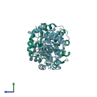 PDB entry 3uxa coloured by chain, side view.