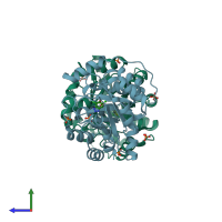 PDB entry 3uxd coloured by chain, side view.