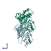 PDB entry 3uxn coloured by chain, side view.