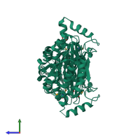 Homo dimeric assembly 4 of PDB entry 3uxy coloured by chemically distinct molecules, side view.