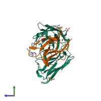 PDB entry 3uyp coloured by chain, side view.
