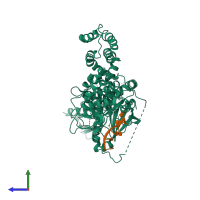 PDB entry 3uzt coloured by chain, side view.