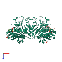 Homo dimeric assembly 1 of PDB entry 3v0n coloured by chemically distinct molecules, top view.