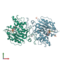 PDB entry 3v0q coloured by chain, front view.