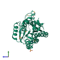 PDB entry 3v2g coloured by chain, side view.